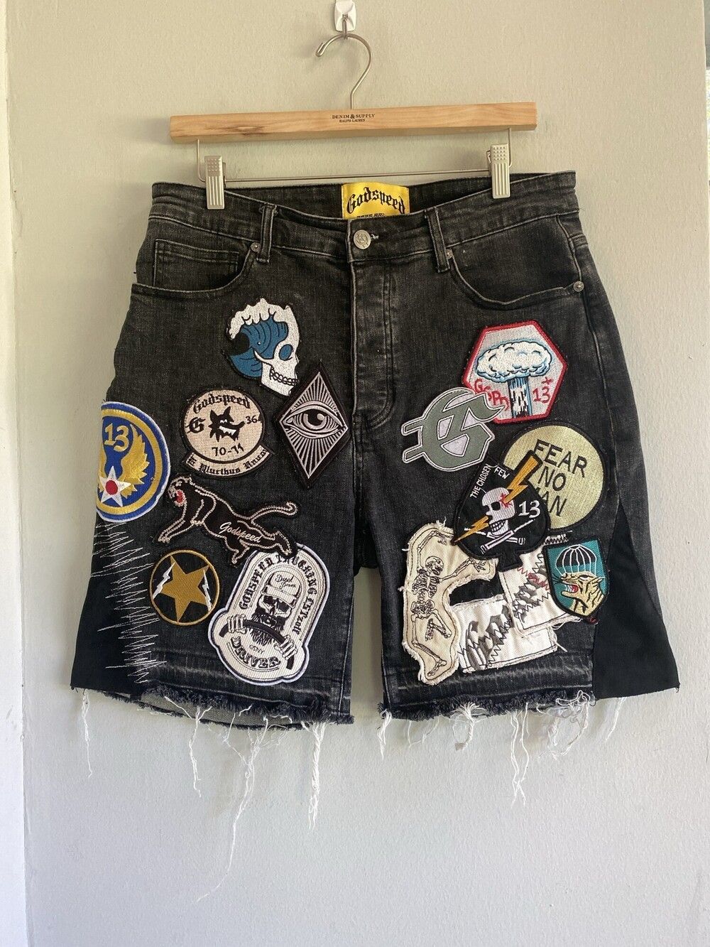 Rare Godspeed Men's 30 Black Patchwork Denim Jorts Shorts Streetwear, Skatewear